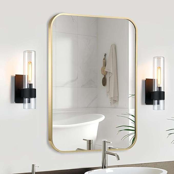 Gold Bathroom Mirror, 26x38 Inch Brushed Gold Mirror, Aluminum Alloy Framed Vanity Mirror, Rounded Rectangle Mirror for Over Sink, Anti-Rust (Horizontally or Vertically)