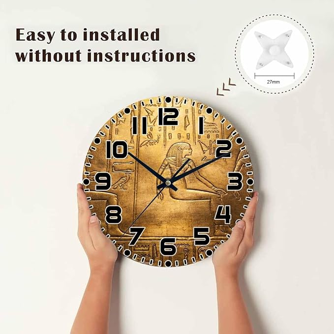 Egyptian Hieroglyphics Wall Clock Ancient Golden Art Historical Civilization Battery Powered Wall Clock Silent Non Ticking 10 Inch for Living Room, Kitchen, Home,Bathroom, Bedroom
