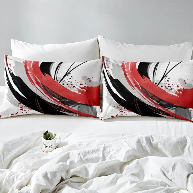 Erosebridal Black and Red Bedding Set Twin | Modern Geometric Striped Duvet Cover for Boys Girls Contemporary Watercolor Graffiti Bed Set Boho Minimalist Aesthetic Art Bed Cover 2 Pieces