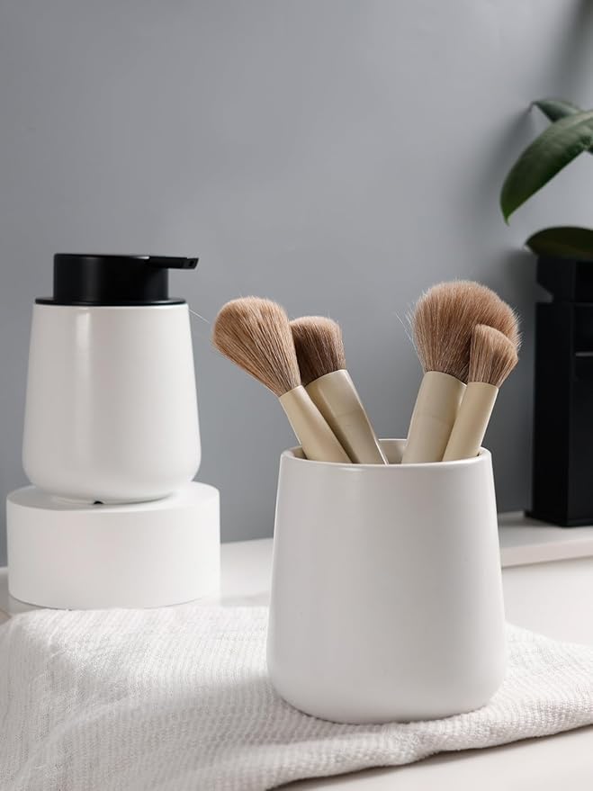 Bosilunlife Soap and Toothbrush Holder Set - Ceramic Bathroom Accessories Set White Liquid Hand Soap Dispenser Set for Bathroom Toothbrush Holder and Soap Dispenser Set