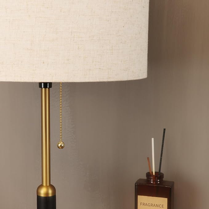 21" Mid Century Modern Table Lamp with Pull Chain Switch, 3-Color Light Bedside Lamps for Bedroom Living Room, Solid Wood/Metal/Fabric Nightstand Lamp for Home Office (Light Brown+Brass)