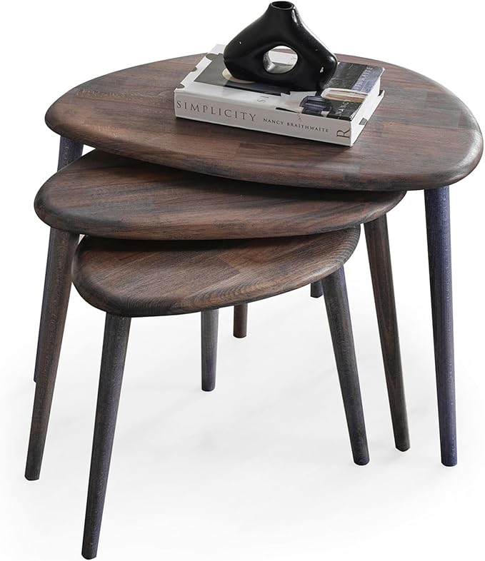 Solid Wood Nesting Coffee Table Set of 3 - Mid Century Modern Pebble Tables with Tapered Legs – Wooden Home Furniture in a Retro Style (Anthracite)