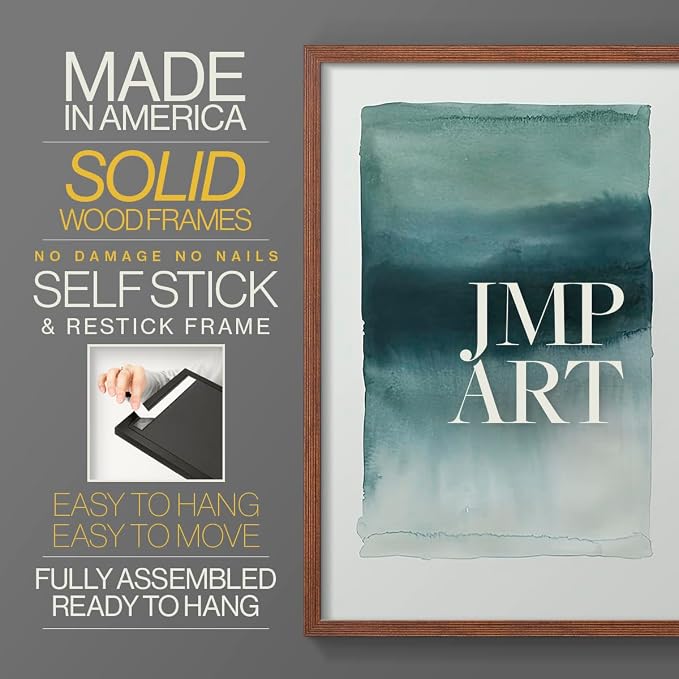 Renditions Gallery Set of 2 Peel & Stick Framed Prints, Tie Dye Abstract Wall Art, Sage Green Watercolor Horizon Wall Decor, Re-Stickable - Ready to Hang - 16"x20" - Walnut Frame LT588
