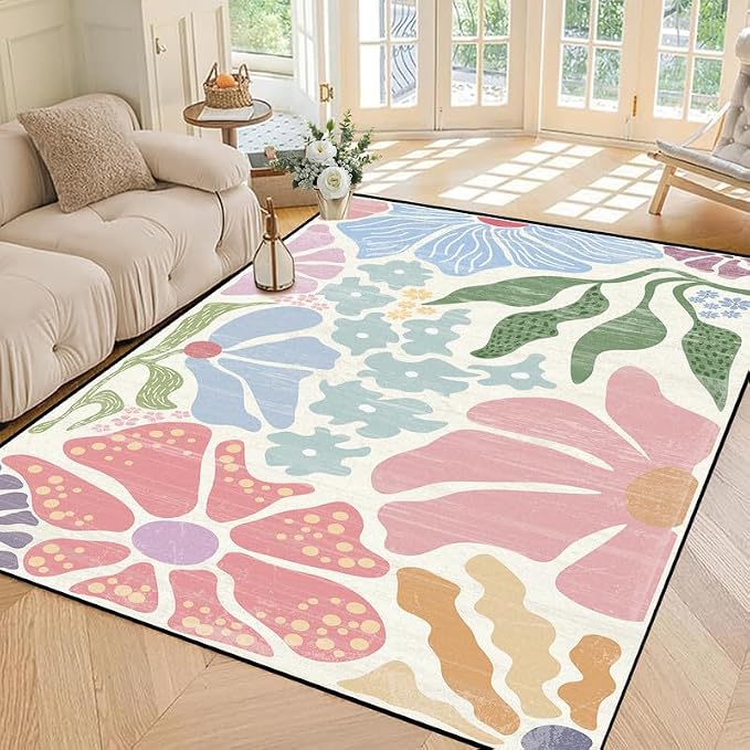 Floral Area Rug Modern Abstract Rug Pastel Flower Print Carpet Colorful Bohemian Plant Rugs for Bedroom Living Room Nursery Kitchen Playroom Home Decor,6'x9'