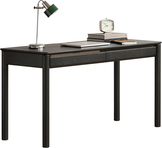 Solid Oak Wood Writing Desk, Smoky Black Home Office Desk with 2 Drawers, Ideal for Work Study Bedroom 55.11" W