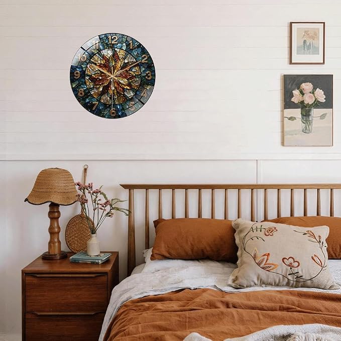12 Inch Floral Mosaic Glass Wall Clock Silent Art Decor | Silent glossy wall clock with a vintage stained glass mosaic design, perfectly tracking time for your living room