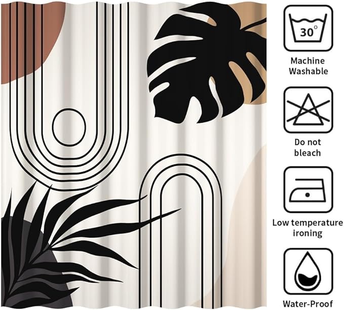 Modern Bohemia Bathroom Curtain Beige Abstract Minimalist Bathroom Decor Set Stripes Arch Sun Palm Leaves Chic Aesthetic Washable Waterproof Polyester Fabric with Hooks 36x72 Inch