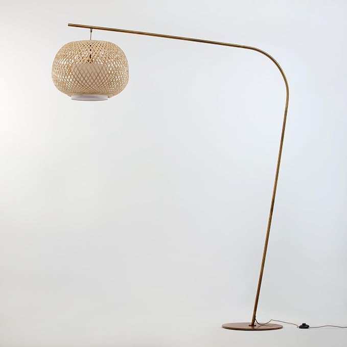 FOS - Modern Bohemian Chic Arch Floor Lamp with Woven Bamboo + Linen Shade - Brushed Brass Finish, Ambient Home Lighting in Living Room, Bedroom, Study, Nursery