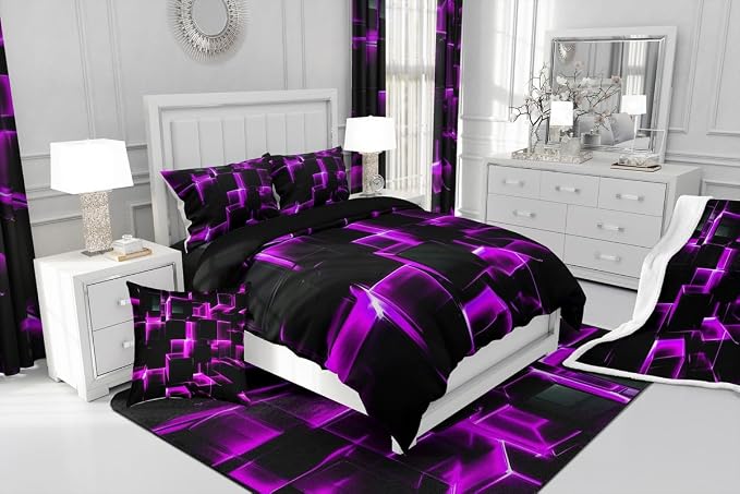 Erosebridal Purple Black Geometric Comforter Set Twin Size 3D Stereoscopic Square Bedding, Glowing Neon Squares Bed Set 2 Piece Gradient Grid Plaid Soft Microfiber Down Comforter