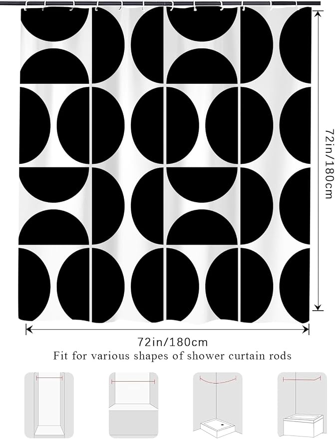 Black and White Mid Century Modern Shower Curtain, Boho Abstract Geometric Retro Art Bath Curtains For Bathroom, Colorful Unique Pattern Waterproof Polyester Fabric Bathroom Set 12 Hooks 72X84IN