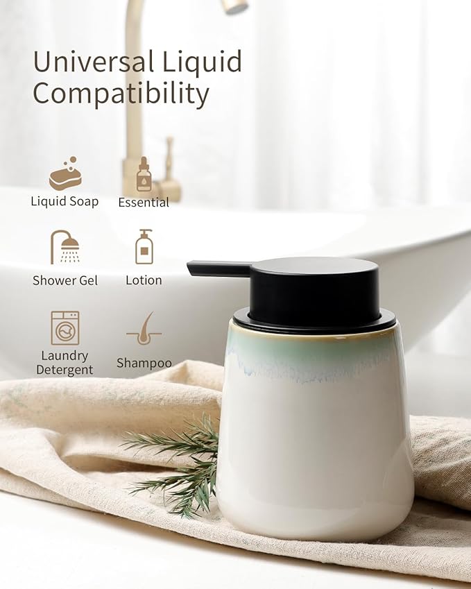 BosilunLife Foam Hand Soap Dispenser - 12 oz Bathroom Hand Pump Dispenser Foaming Soap Dispenser Ceramic Dish Wash Dispenser for Kitchen, White with Blue-Green Rim