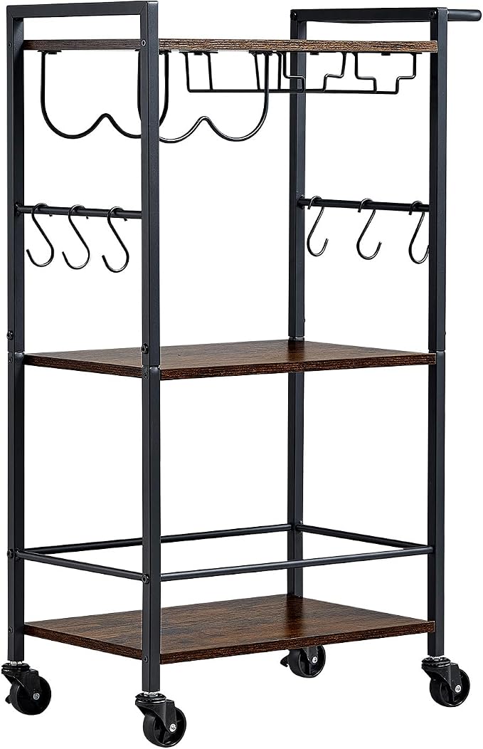 VEVOR Bar Cart, 3 Tiers Home Kitchen Serving Carts, Industrial Rolling Utility Station on Wheel, Mobile Drink Beverage Shelf with Wine Rack & Glass Holder, 20.08x11.02x33.07 in, Rustic Brown and Black