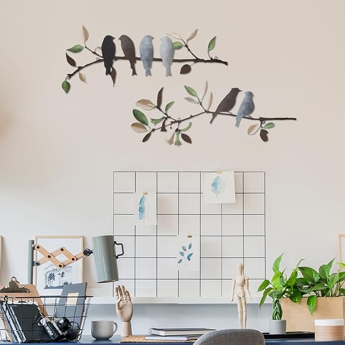 Demissle 2 Pcs Metal Birds Wall Art Decor Vivid Birds on Branch with Leaves Rustic Wall Decor Waterproof Metal Sculpture Hanging Sign for Home Balcony Garden Indoor Outdoor(Retro Colors)