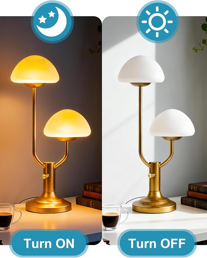 Lightdot Mushroom Table Lamp for Bedroom, Small Cute Desk Bedside Lamps for Living Room Night Stands, Modern Mid Century Lamps Dimmable with 2 LED Bulbs, Unique Aesthetic Home Decor-Gold