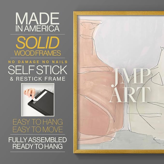 Renditions Gallery Set of 2 Peel & Stick Framed Prints, Neutral Abstract Wall Art, Soft Tones Delicate Linework Wall Decor, Re-Stickable - Ready to Hang - 8"x10" - GOLD Frame LT588