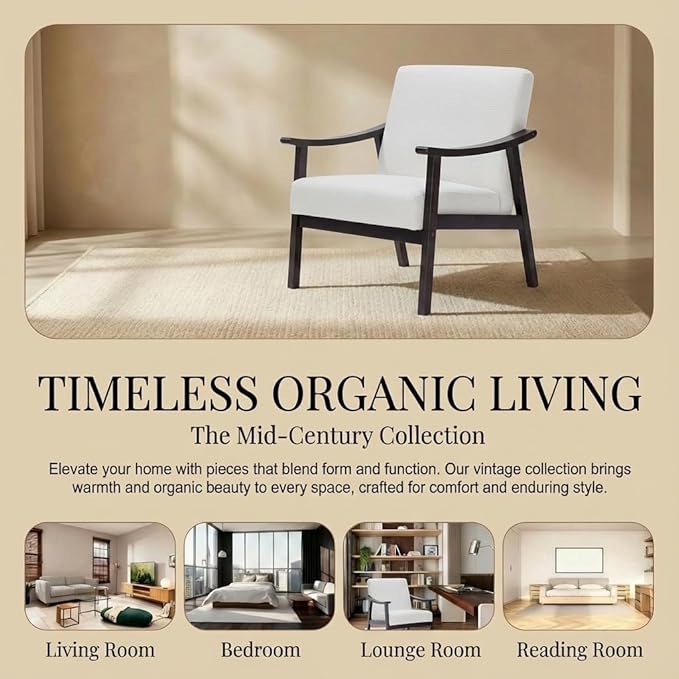 Mid-Century Modern Accent Chair, Upholstered Arm Chair Solid Wood Frame for Lounge, Living Room, Reading Room, Bedroom (Ancient White)