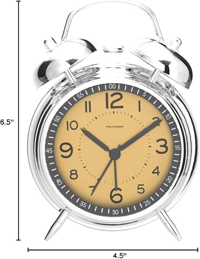 Peakeep Loud Alarm Clock for Heavy Sleepers Adults, Metal 4.5" Twin Bell Battery Operated Alarm Clocks for Bedrooms Decoration (Golden)โฆ