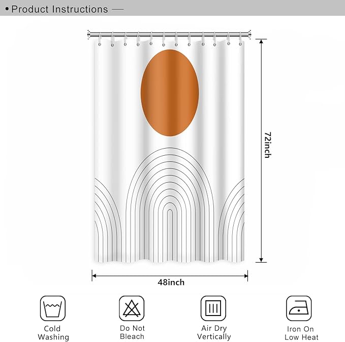 Abstract Mid Century Bohemian Bathroom Shower Curtain - Orange Sun Lines Arch - Waterproof Polyester - Minimalist Home Decor, 48x72 Inch