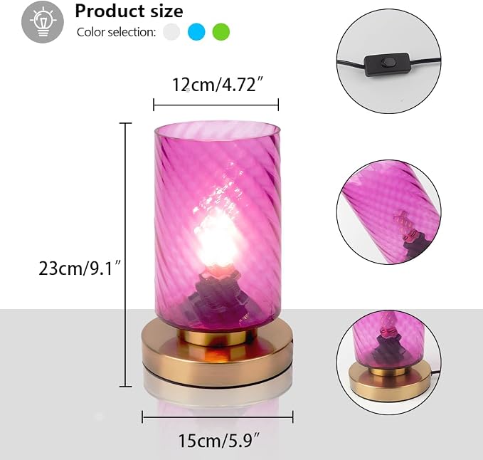 Bedside Table lamp mid Century Gold Table lamp mini nightstand lamp with Pink Glass Shade Gold Desk lamp Small Table lamp for Living Room Bedroom Office end Table