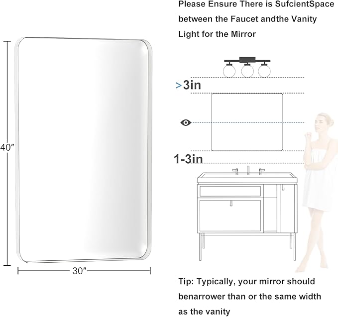 Brushed Nickel Bathroom Mirror for Over Sink, 30" x 40" Framed Rectargular Wall-Mounted Bathroom Mirrors for Vanity, Decorative, Farmhouse, Restroom, Horizontally or Vertically Hanging