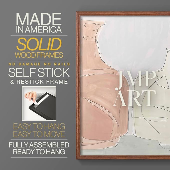 Renditions Gallery Set of 2 Peel & Stick Framed Prints, Neutral Abstract Wall Art, Soft Tones Delicate Linework Wall Decor, Re-Stickable - Ready to Hang - 11"x14" - Walnut Frame LT588