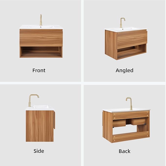 24 Inch Floating Bathroom Vanity with Sink, Modern Wall Mounted Bath Cabinet with Ceramic Top, Soft-Close Drawer & Open Shelf (Red Walnut/White Sink)