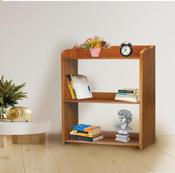 Narrow Bookcase by Natural Wood, 3 Tier Bookshelf, Small Book Shelves Freestanding Display Storage Shelves. Open Bookshelf for Bedroom, Living Room and Office (Brown, 3 Tier Simple)