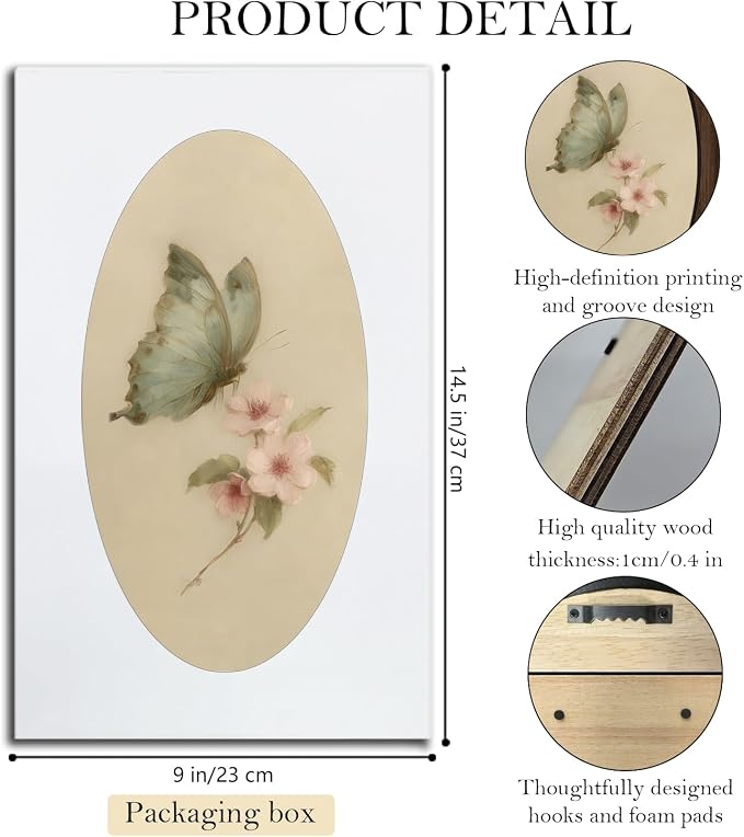 UYIKG Vintage Butterfly Cherry Blossom Oval Wall Art Decor,Farmhouse Country Butterfly Oval Hanging Decor,Rustic Farmhouse Cottagecore Wooden Framed Decorations for Home Bedroom Living Room 9x14.6 in
