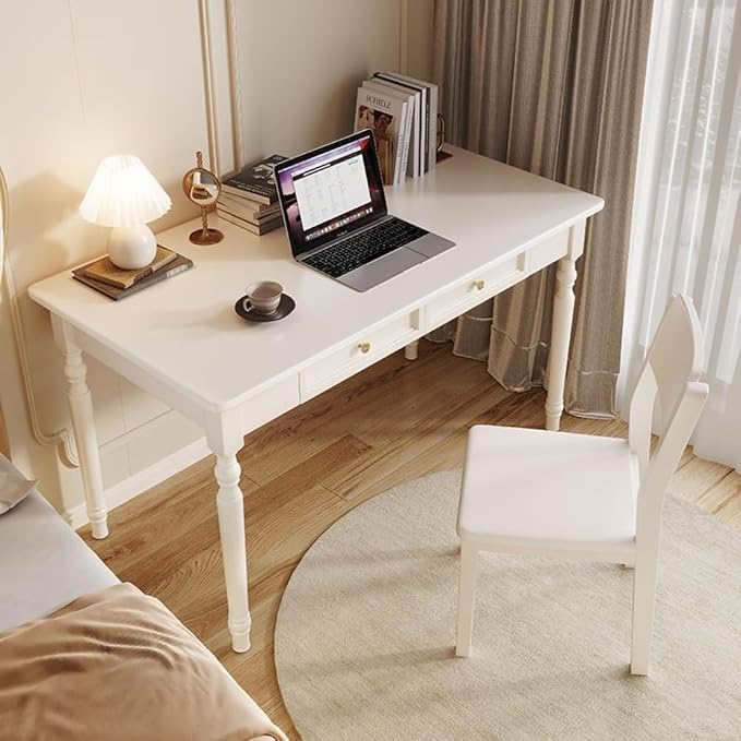 Computer Desk with 2 Drawers Mid-Century Modern Wooden Writing Desk Vintage Vanity Table Study Work Table for Office Lightweight(White,100cm)