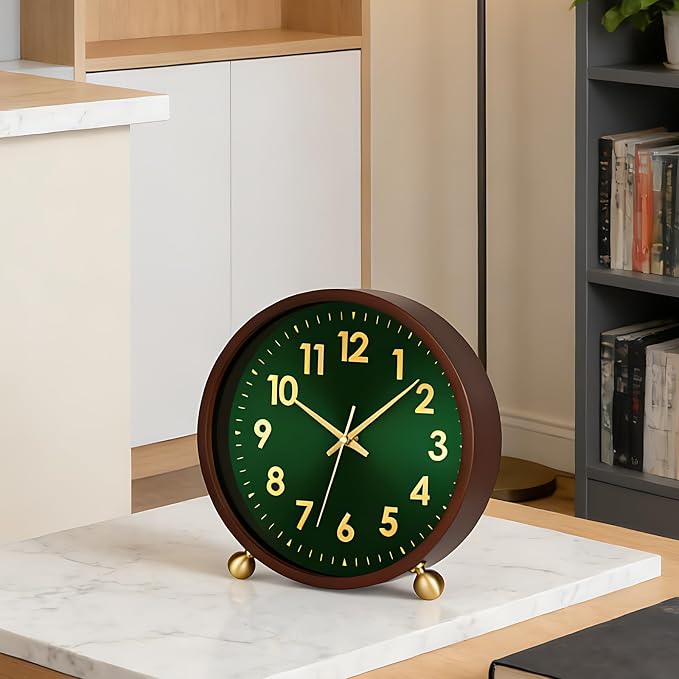 Maxspace Wooden Table Clock,8in Silent Non-Ticking Desk Clock with Gold Ball Base,Battery Operated Desktop Analog Clock for Living Room Office Bedroom Decor (Green Gold - Walnut, Copper Ball Base)
