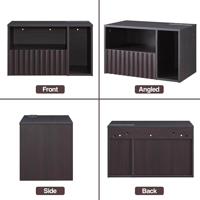 Modern Espresso Fluted Floating Nightstand with Charging Station, NightStand with Drawers, Bedside with USB Ports and Outlets, Bedroom Furniture (Right)