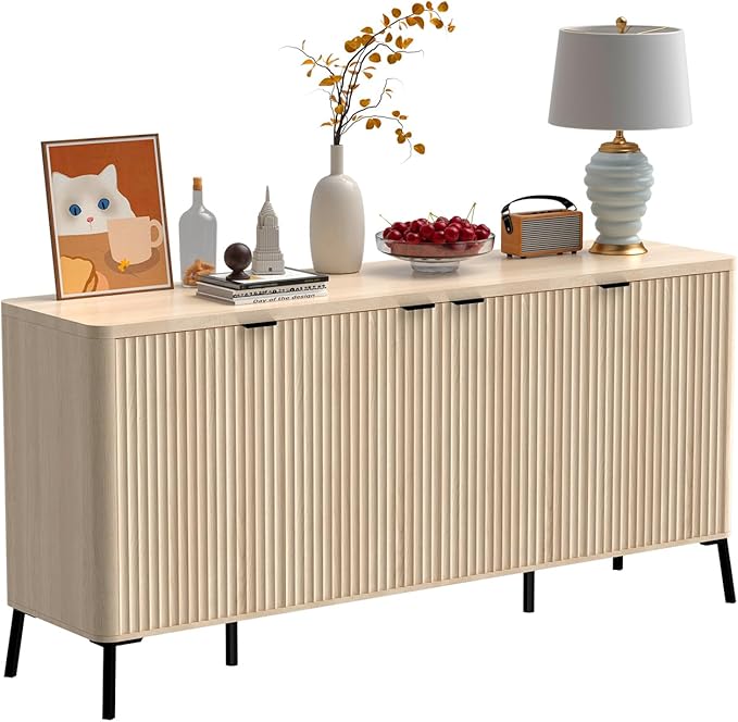 Buffet Cabinet, 63" Large Sideboard Buffet Cabinet with Storage, Modern Fluted Sideboard with 4 Doors, Wood Credenza Coffee Bar Storage Cabinet, for Living Room, Kitchen, Hallway, Oak