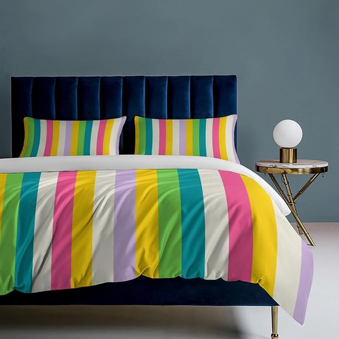 Rainbow Duvet Cover Set, Rainbow Lines Pattern Spectrum of Colors Abstract Art Decorative,Aesthetic Abstract Art Bedding 3 Piece (1 Duvet Cover 90"x90" + 2 Pillow Sham 20"x30")