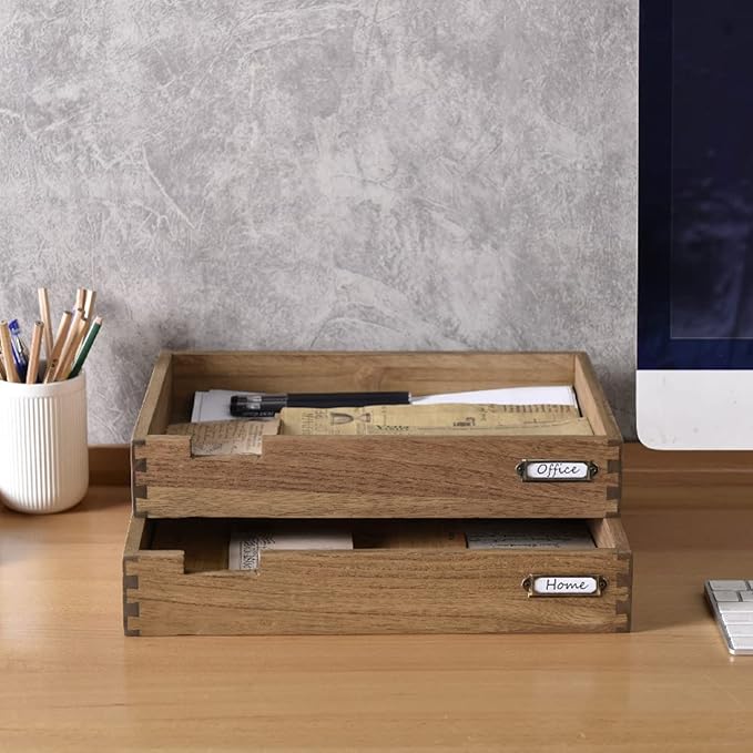 KIRIGEN Wood Desk Organizer Set of 2, Stackable Paper Tray with Metal Label Holders, Natural Wooden Letter Trays for Office Desktop, Mail, Files, Folders and Classroom Papers, Brown 2TTP-DBR