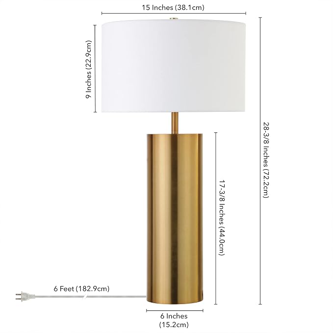 Henn&Hart 29.5" Mid-Century Modern 1-Light Table Lamp with White Fabric Drum Shade for Living Room, Bedroom, or Office, Brass