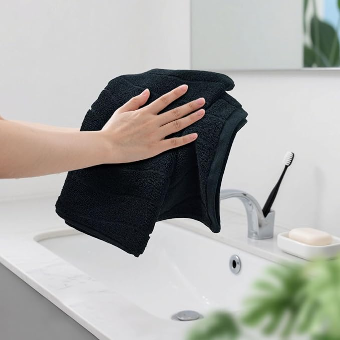 Hand Towels with Wavy Jacquard - Black Face Towels for Bathroom, 2 Piece, Cotton, 13x29 Inches