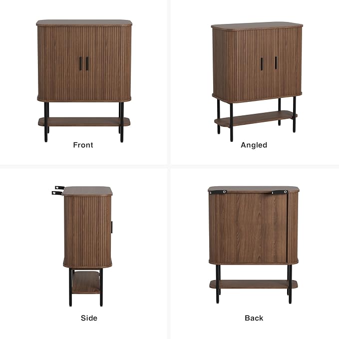 FiveWillowise Coffee Bar Cabinet with Storage, Fluted Wine Cabinet with Sliding Doors, Glass Holder and Wine Rack, Buffet Sideboard Liquor Cabinet for Kitchen, Dining Room, Living Room, Walnut