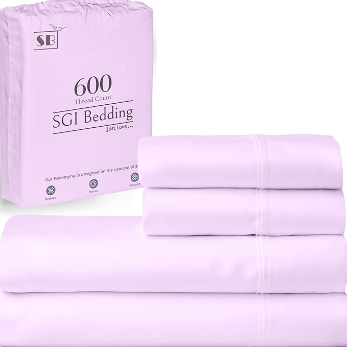 SGI bedding 100% Egyptian Cotton Sheets Full Size – 600 Thread Count Sheets Set, Soft, Cooling, 15" Deep Pocket, Luxury Hotel Bedding, Breathable, Durable - Lilac