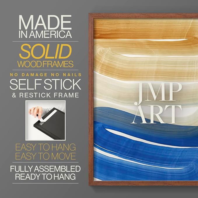 Renditions Gallery Set of 2 Peel & Stick Framed Prints, Abstract Wall Art, Blue and Gold Wave Textured Background Wall Decor, Re-Stickable - Ready to Hang - 22"x28" - Walnut Frame LT588