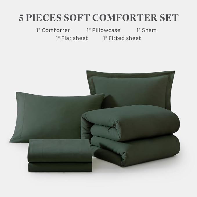 WRENSONGE Twin Comforter Set- 5 Pieces Deep Forest Twin Bed in a Bag, All Season Twin XL Bedding Sets with 1 Fitted Sheet, 1 Flat Sheet, 1 Pillow Sham and 1 Pillowcase