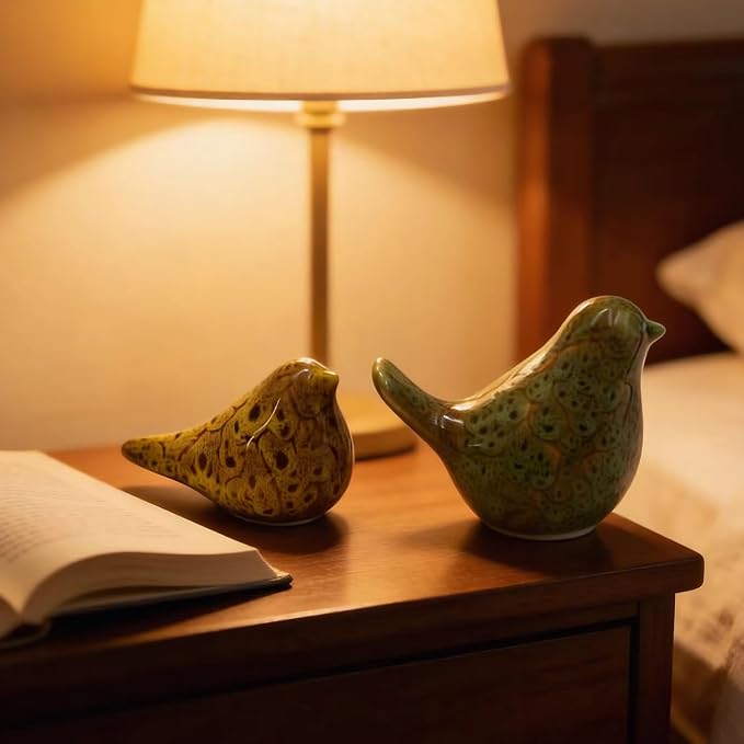 Two-piece set of parent-child bird statues, modern home decor, with removable storage holes, suitable for bedrooms, living rooms, offices, and fireplace mantel decorations. (Kiln color change)