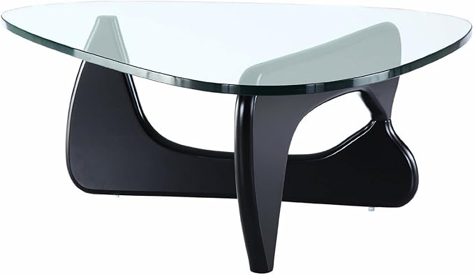 EMODERN FURNITURE - Mid-Century Modern Style Coffee Table Glass Top Hardwood Base (Black)