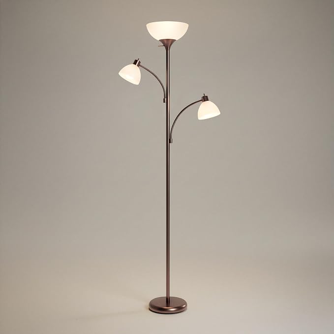 Brightech Sky Dome Double LED Floor lamp, Torchiere Super Bright Floor Lamp with 2 Reading Lamps for Living Rooms & Offices - Dimmable Tall Standing Lamp for Bedroom Reading - Bronze