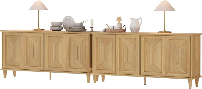 WAMPAT 130-inch Handcrafted Patchwork Decorative Buffet Cabinet with Pop-Up Design Doors,2-in-1 Large Modern Farmhouse Accent Credenza for Coffee Bar, Kitchen, and Living Room, Natural Oak