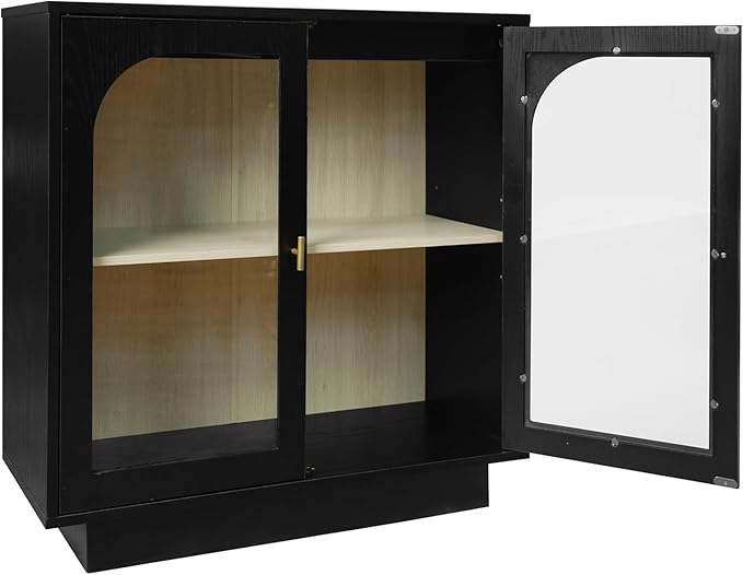 Sideboard Buffet Cabinet with Storage - Accent Storage Cabinet Modern Furniture with Glass Doors and Adjustable Shelves, Wood Credenza for Living Room, Kitchen, Dining Room (Black)