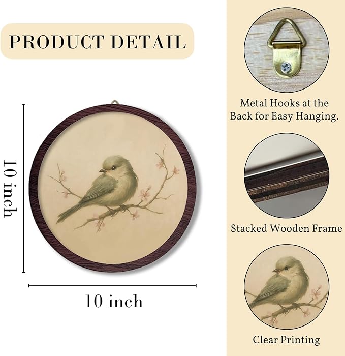 TFKFJLF Vintage Bird Round Wall Art Decor, Retro Floral Bird Framed Wooden Prints, Cottagecore Farmhouse Rustic Round Wall Hanging Decor for Home Bedroom Living Room, 10x10 Inch
