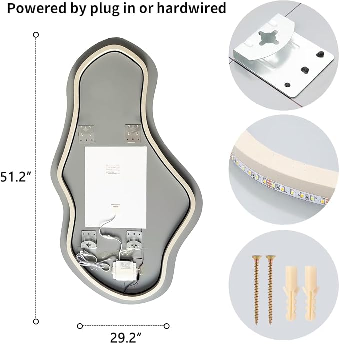 Modern Irregular LED Bathroom Mirror with Lights, Asymmetrical Frameless Smart Lighted Wall Mirror for Living Room Entryway, Large Decorative Makeup Vanity Mirror with Touch Switch(29.2″x51.2″)