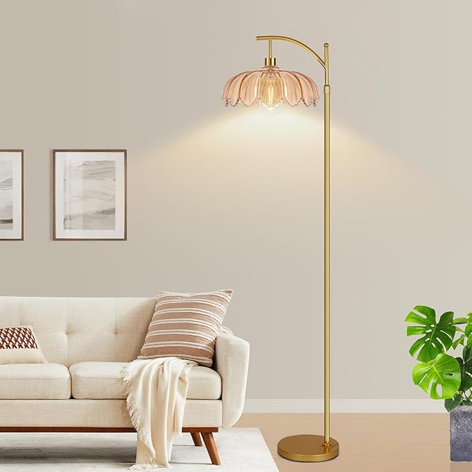 Gold Floor Lamp for Living Room,Bedroom,Mid Century Modern Standing Lamp with Remote,Dimmable Brass Tall Lamp Amber Glass Lamp Vintage Retro Arc Floor Lamps Flower Floor Light Boho Bohemian