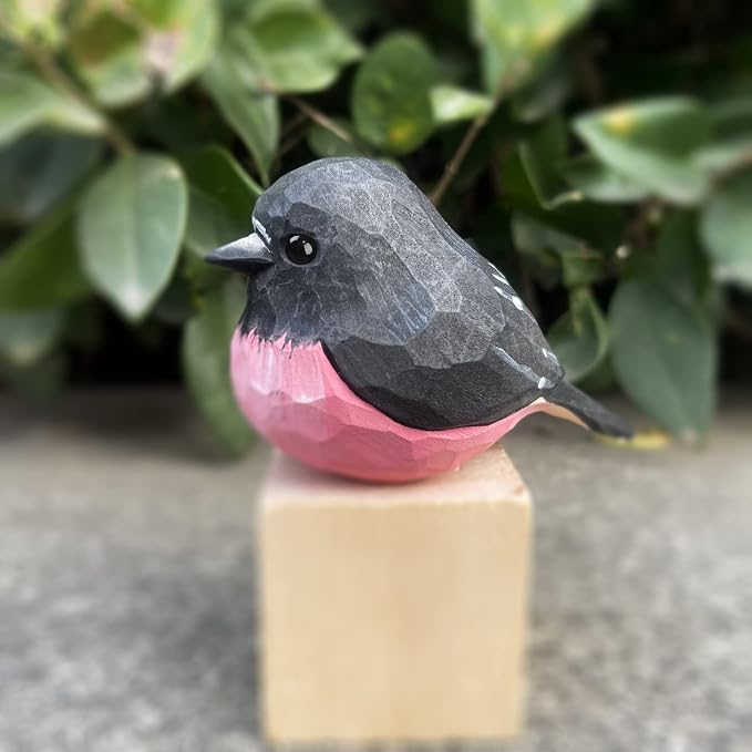 Bird Figurines Hand Carved Painted Wooden Statues for Home Decor, Gift for Bird Lovers,Housewarming, Birthday, Christmas, Anniversaries (NO.20-Pink Robin)