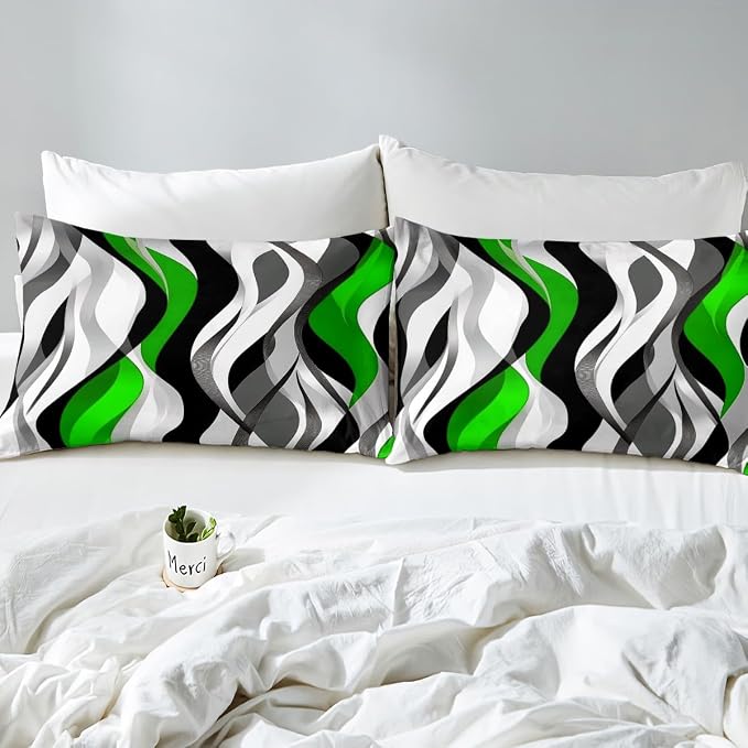 Green Black Stripes Duvet Cover Set Toddler Size,Abstract Simple Wave Striped Bedding Set,Boys Girls Room Decor,Contemporary Art Geometric Comforter Cover,Comfy Quilt Cover,1 Pillowcase(No Filler)